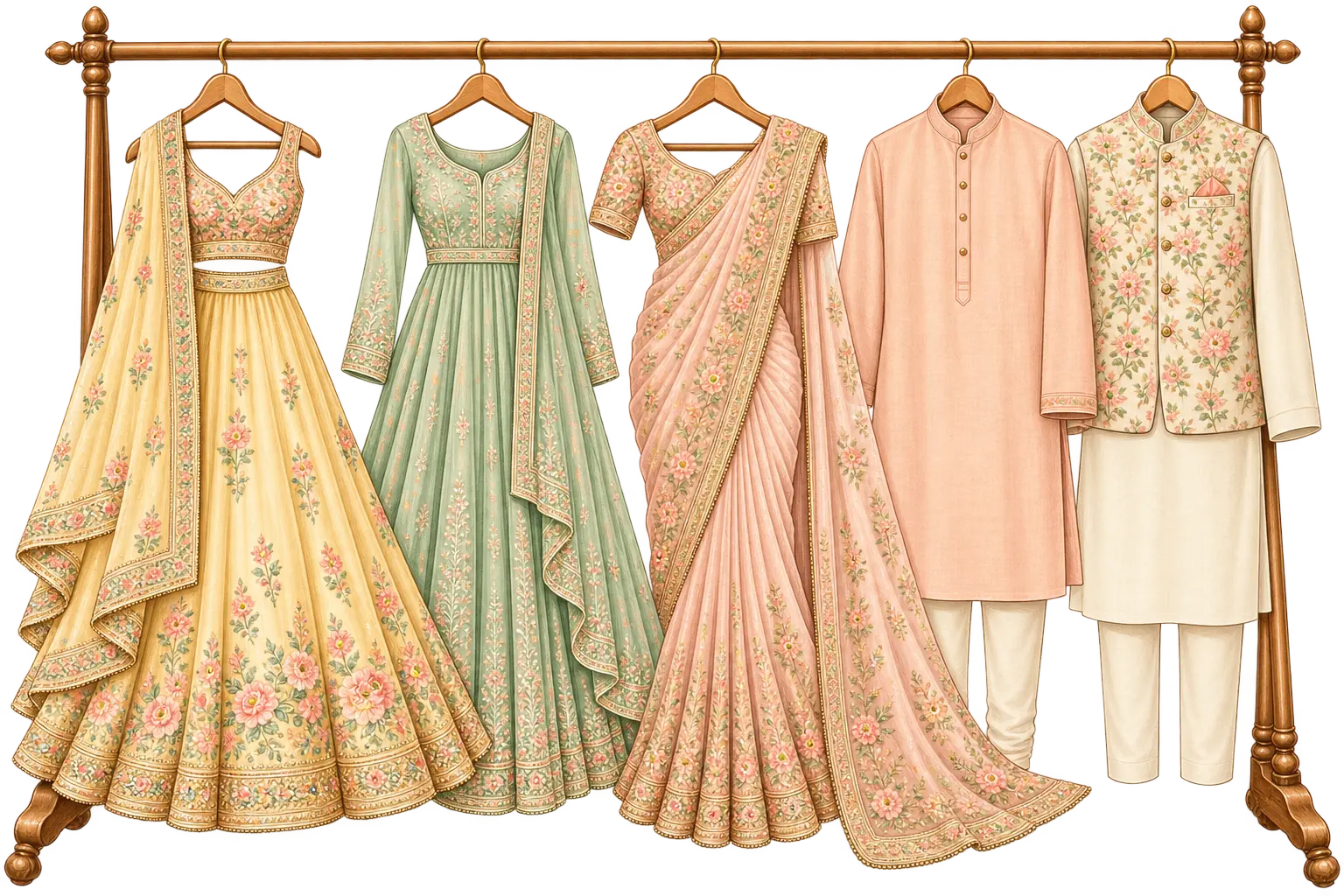 Clothes rack with pastel yellow, mint, peach and floral outfits for the haldi