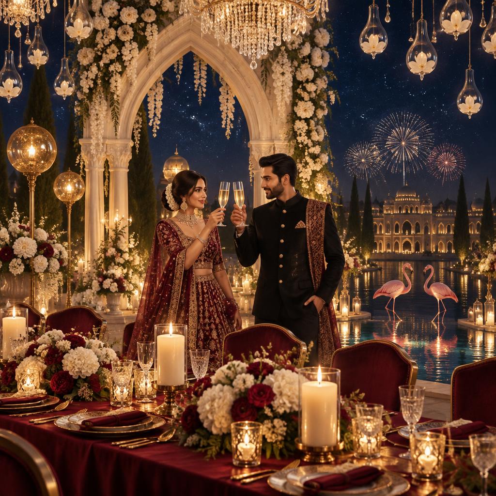 Couple raising a champagne toast at a candlelit banquet with fireworks and flamingos for the reception