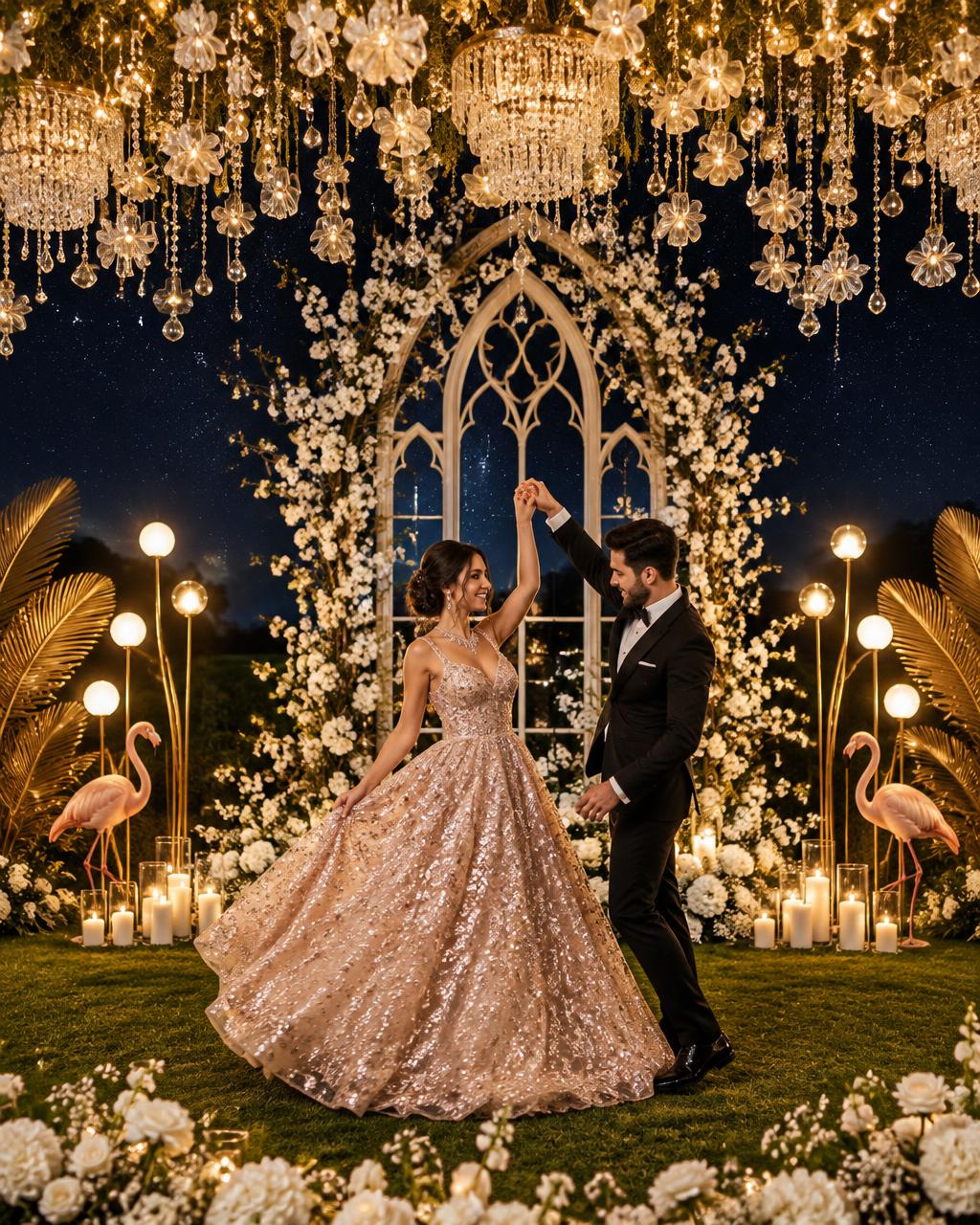 Couple's first dance under crystal chandeliers and a starry night sky for the sangeet evening