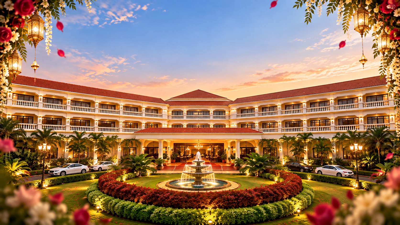Lagoona Resort facade at sunset with a lit fountain garden, lanterns and floral garlands