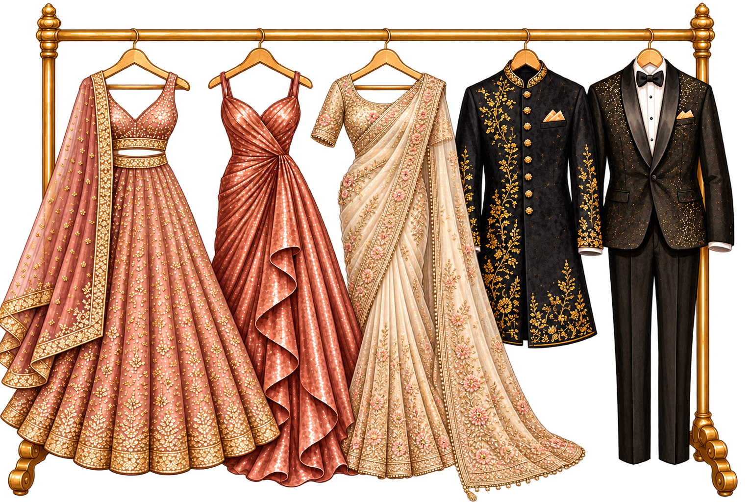 Clothes rack with a rose-gold embroidered lehenga, shimmer gown, black-gold sherwani and black tuxedo for the sangeet